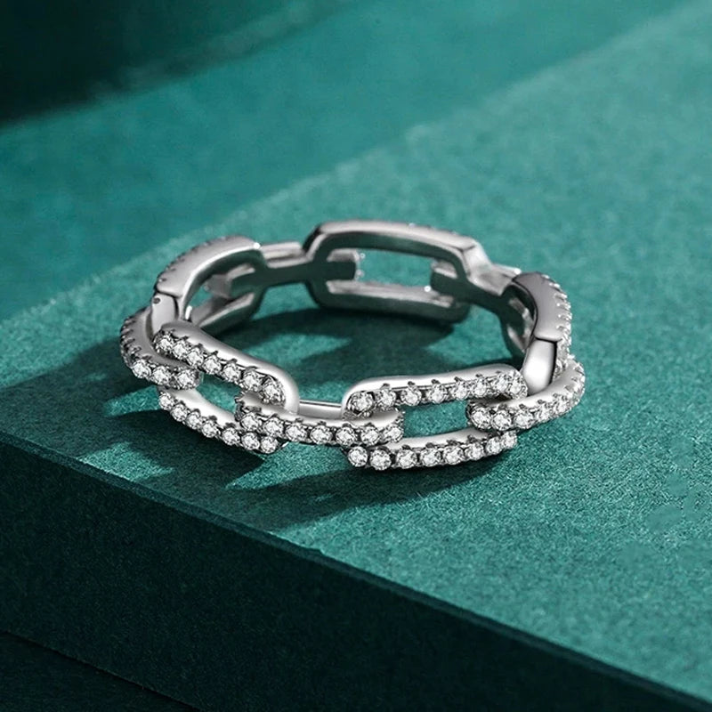Platinum-Plated 925 Sterling Silver Geometric CZ Chain Link Ring