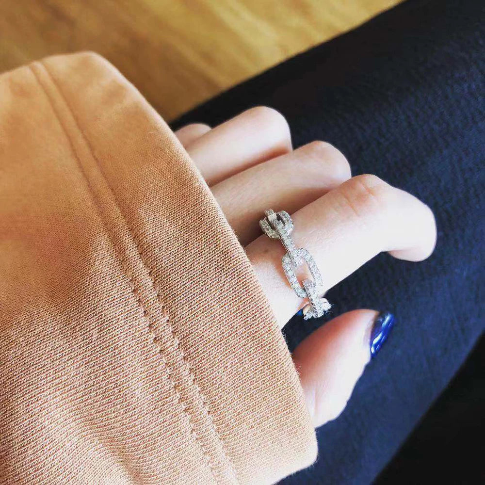 Platinum-Plated 925 Sterling Silver Geometric CZ Chain Link Ring