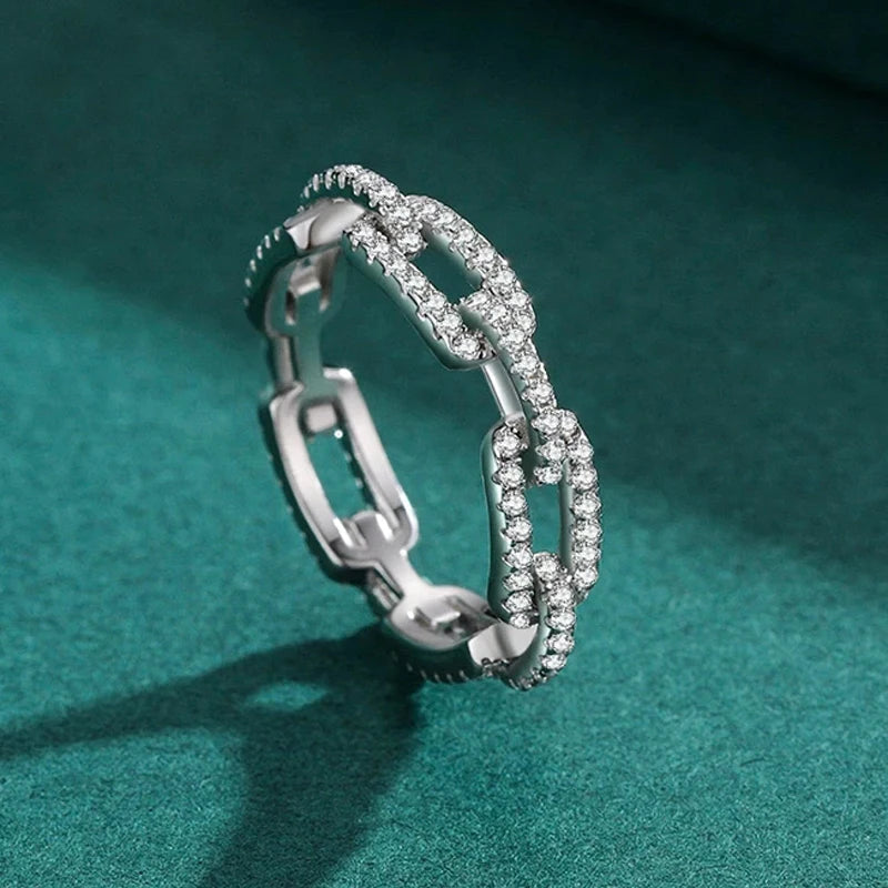 Platinum-Plated 925 Sterling Silver Geometric CZ Chain Link Ring