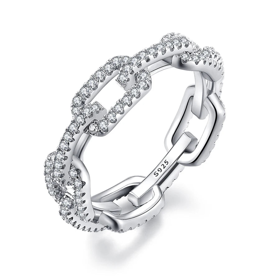 Platinum-Plated 925 Sterling Silver Geometric CZ Chain Link Ring