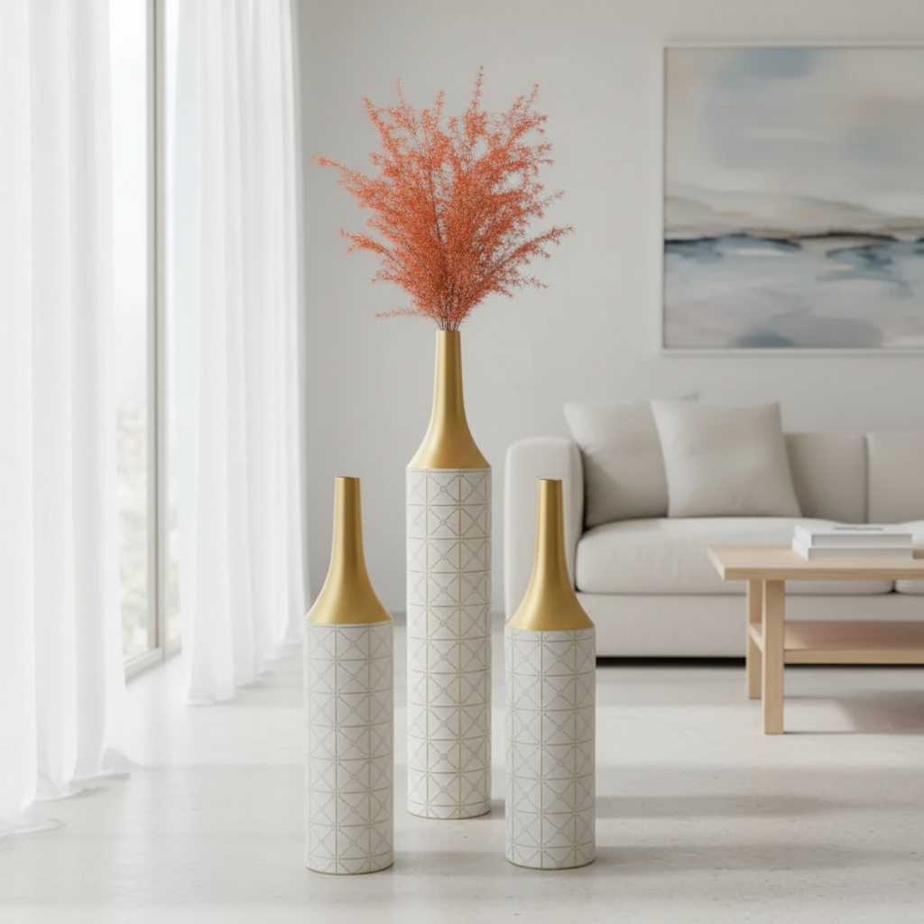 Set of 3 Glazed Metal Floor Vases – Elegant Tall Decorative Vase Set for Living Room, Entryway & Wedding Gift