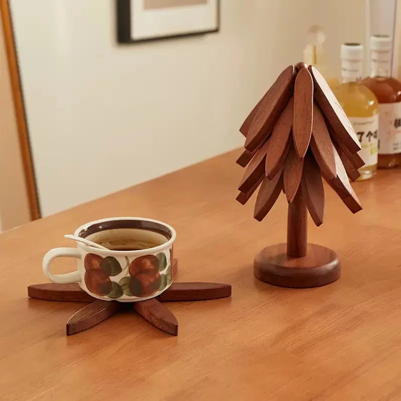 Wooden Tree Trivet & 4 Leaf Coaster Set