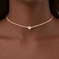 Moissanite Tennis Choker with Heart | White, Yellow or Rose Gold Plated | 925 Silver Adjustable Riviera Necklace
