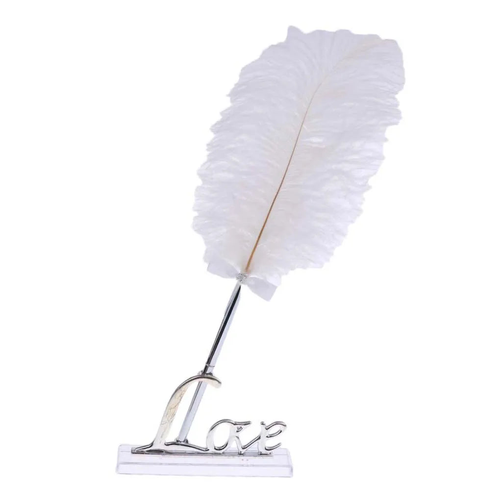 Wedding White Feather Quill Pen Set with "Love" Holder Guest Book Signing Pen And Holder for Wedding Decorations