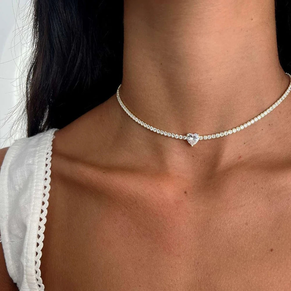 Moissanite Tennis Choker with Heart | White, Yellow or Rose Gold Plated | 925 Silver Adjustable Riviera Necklace