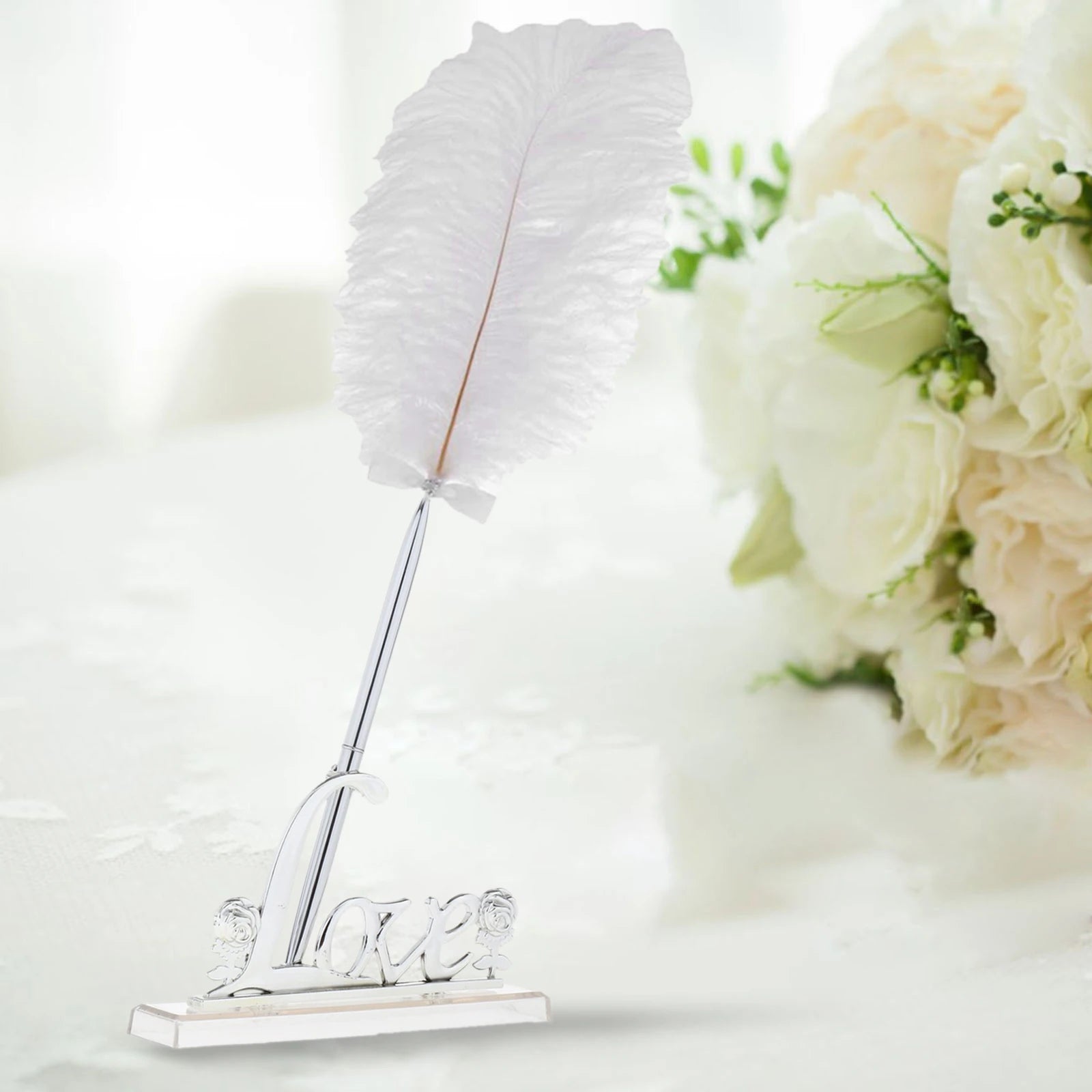 Wedding White Feather Quill Pen Set with "Love" Holder Guest Book Signing Pen And Holder for Wedding Decorations