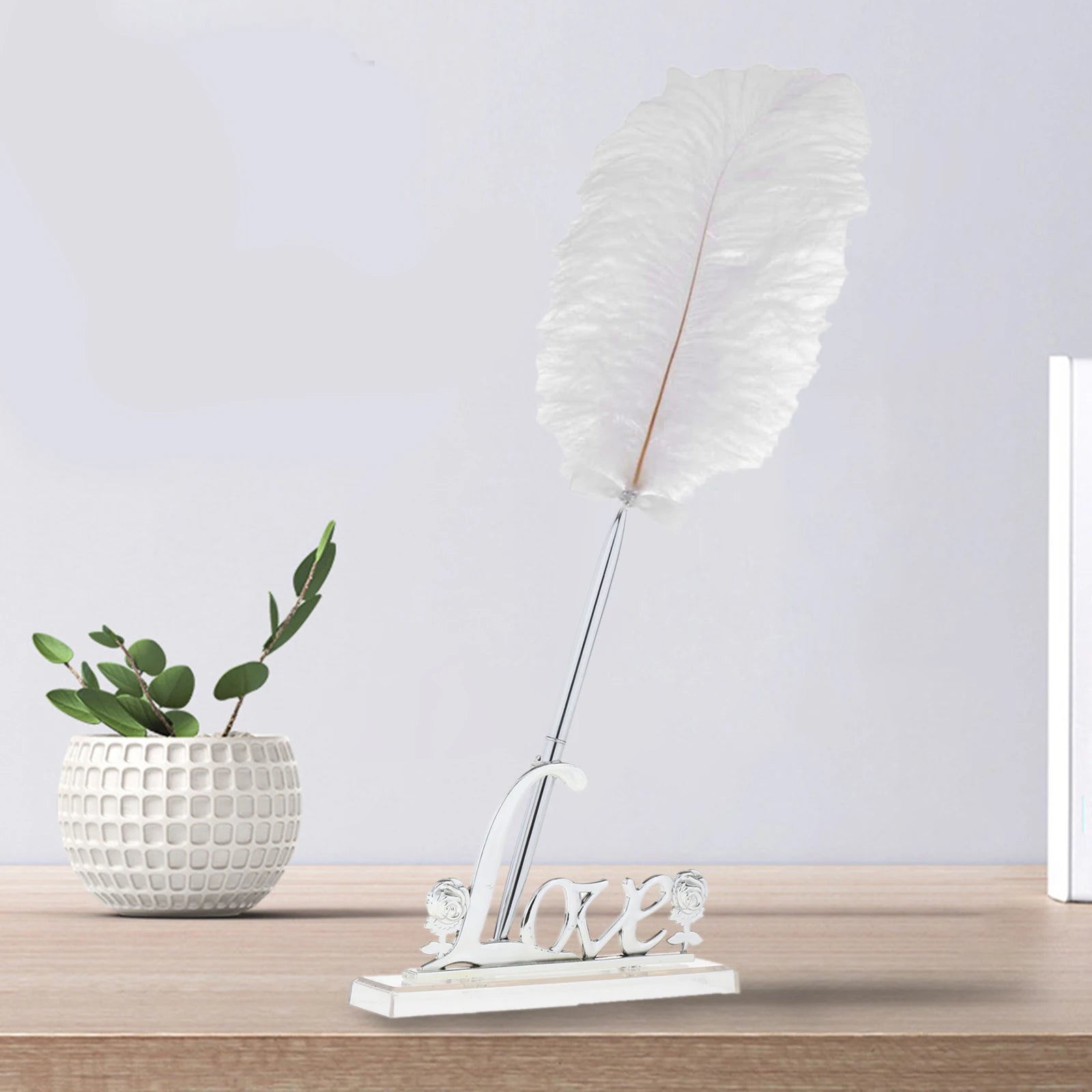 Wedding White Feather Quill Pen Set with "Love" Holder Guest Book Signing Pen And Holder for Wedding Decorations