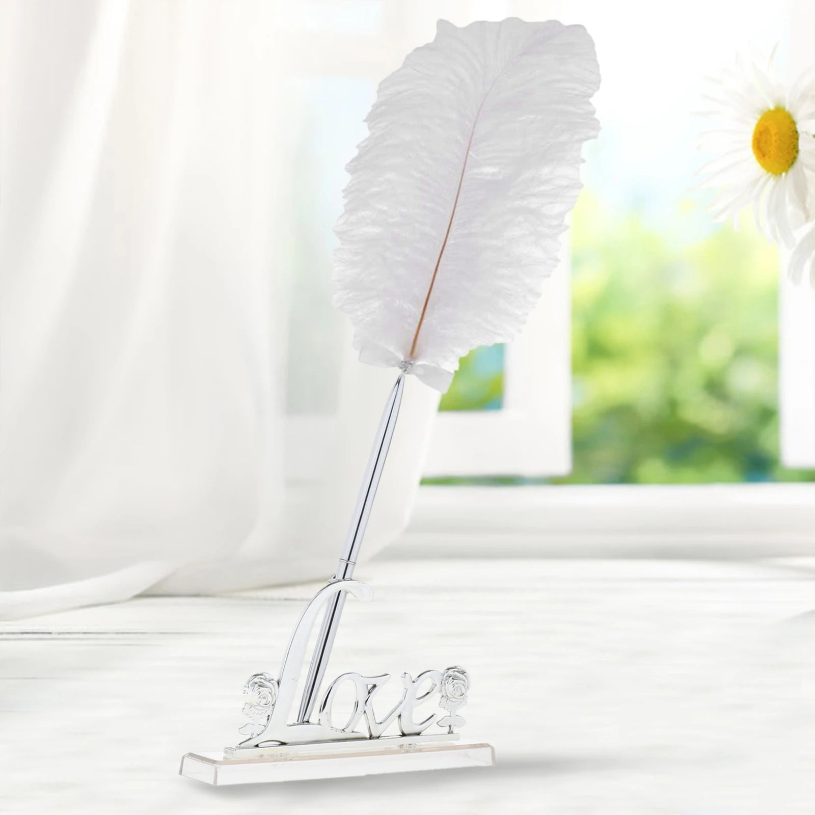 Wedding White Feather Quill Pen Set with "Love" Holder Guest Book Signing Pen And Holder for Wedding Decorations