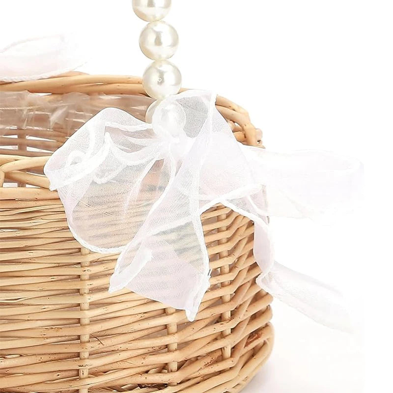 Wicker Flower Girl Basket with Pearl Handle & Bow