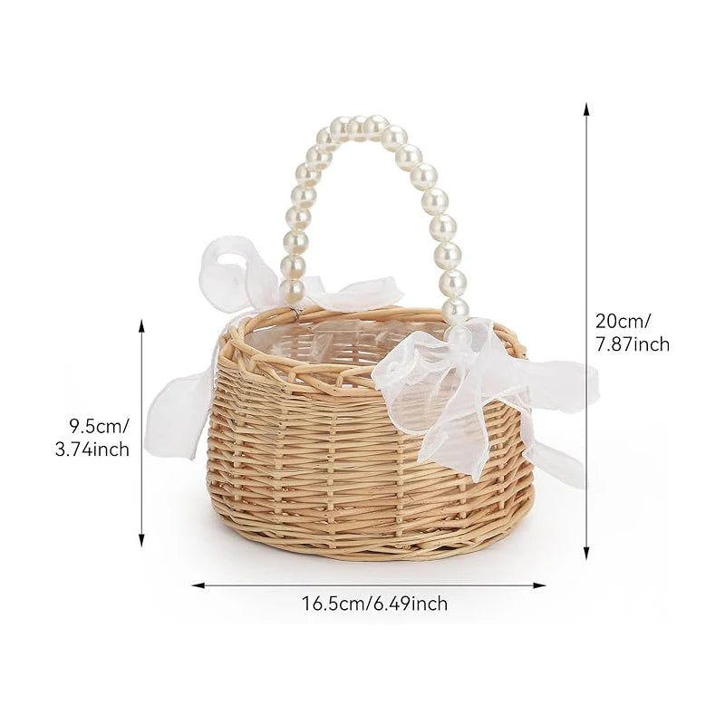 Wicker Flower Girl Basket with Pearl Handle & Bow