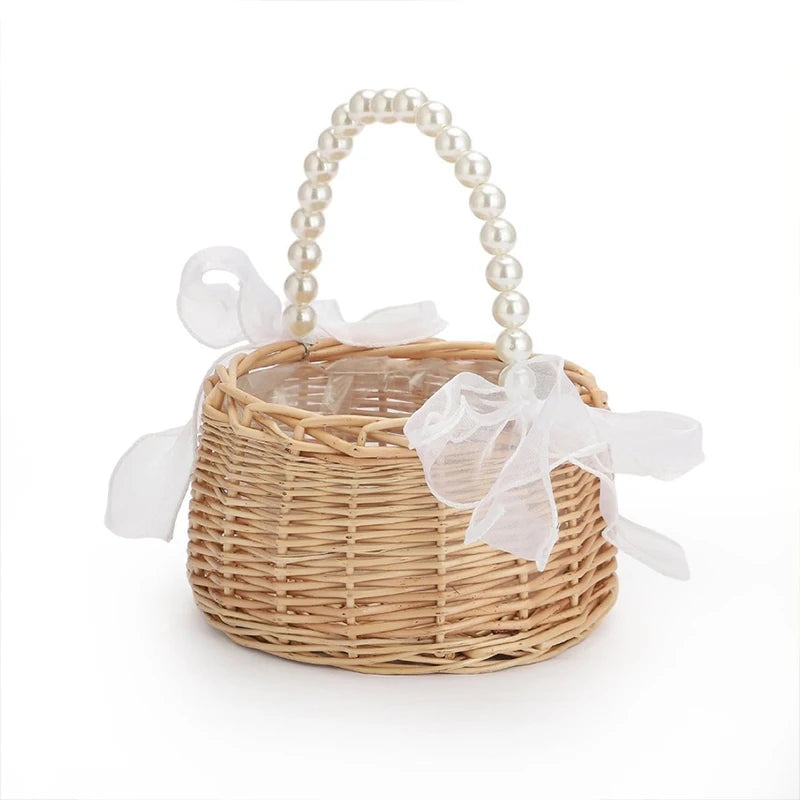 Wicker Flower Girl Basket with Pearl Handle & Bow