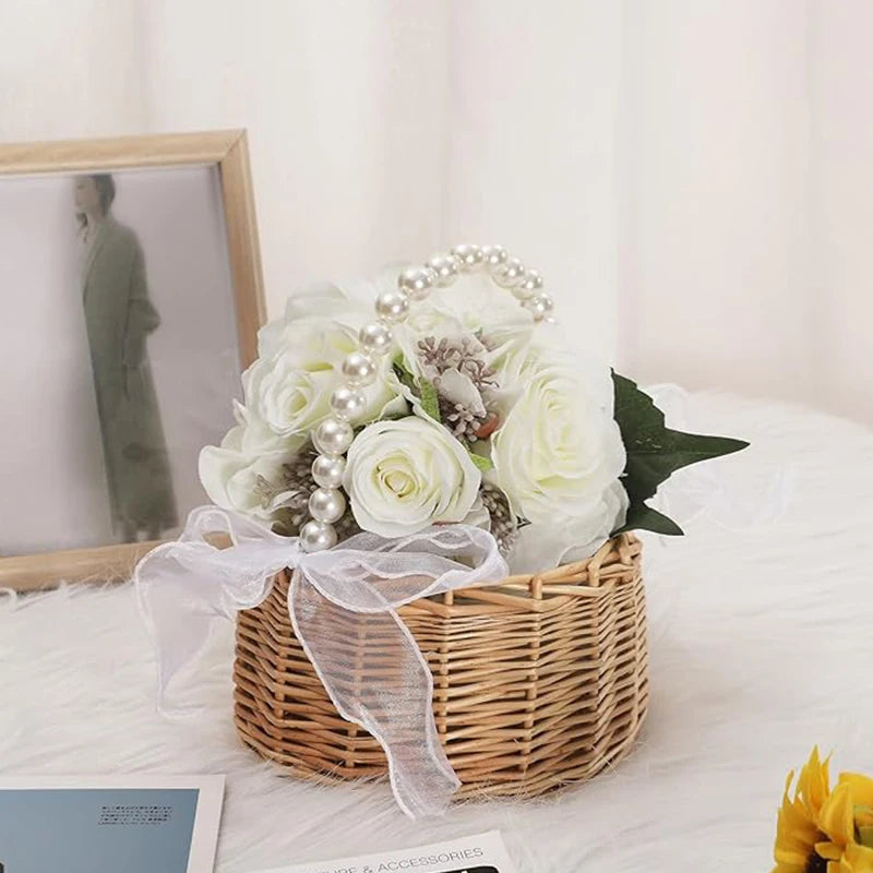 Wicker Flower Girl Basket with Pearl Handle & Bow