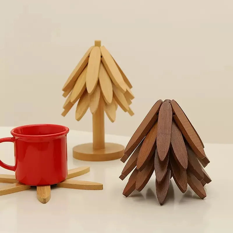 Wooden Tree Trivet & 4 Leaf Coaster Set
