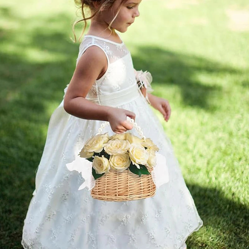 Wicker Flower Girl Basket with Pearl Handle & Bow