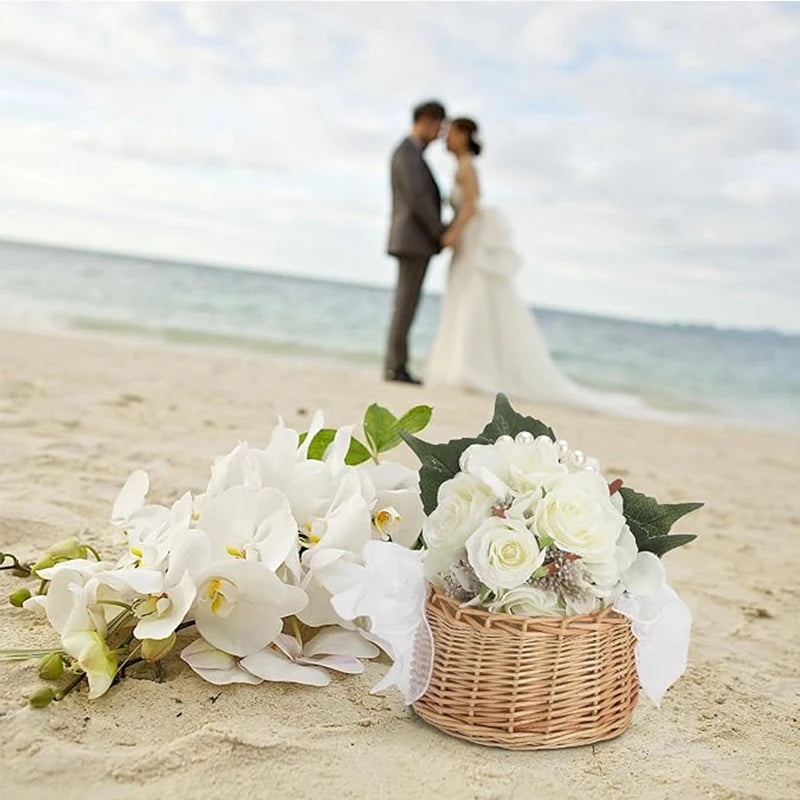 Wicker Flower Girl Basket with Pearl Handle & Bow